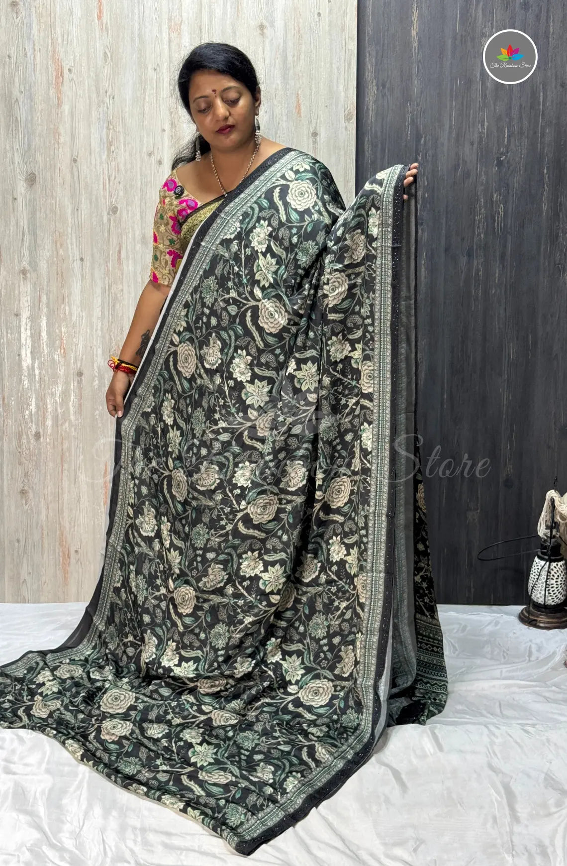 Imported Satin Floral Printed Saree – Green