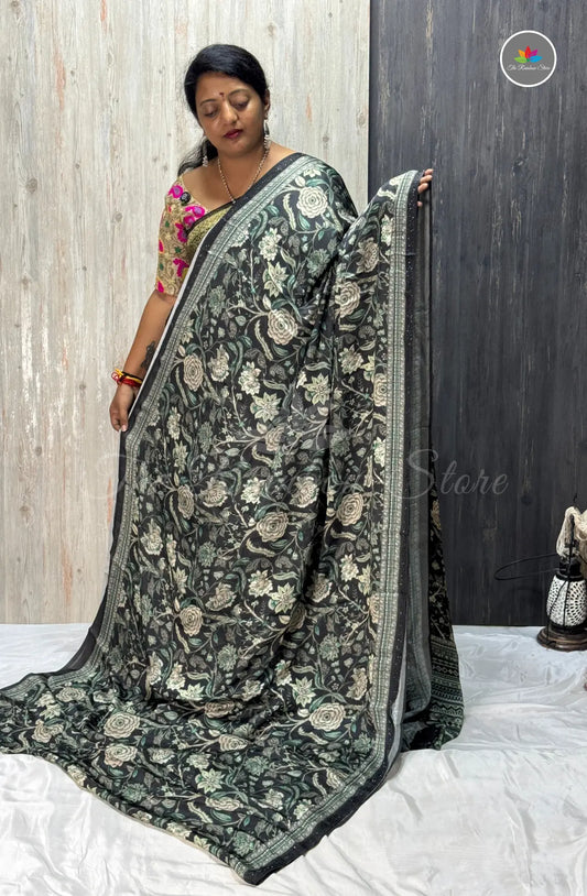 Imported Satin Floral Printed Saree – Green