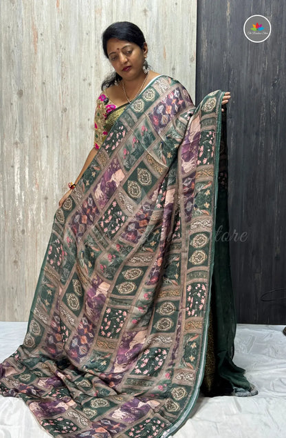 Imported Satin Saree – Bottle Green
