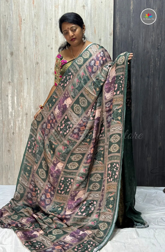 Imported Satin Saree – Bottle Green