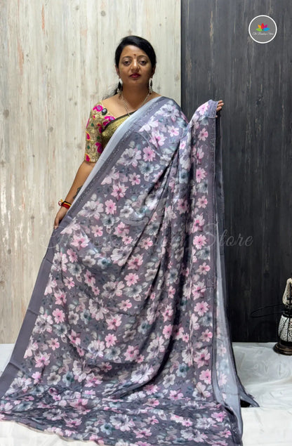 Imported Satin Saree – Grey