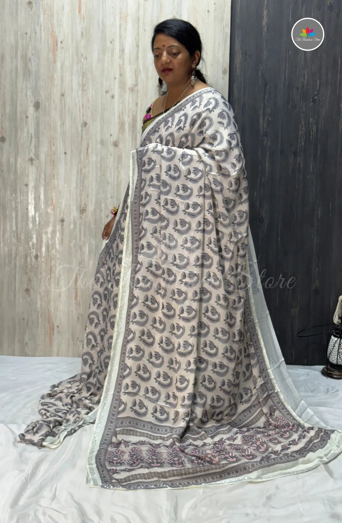 Imported Satin Saree – Beige Grey