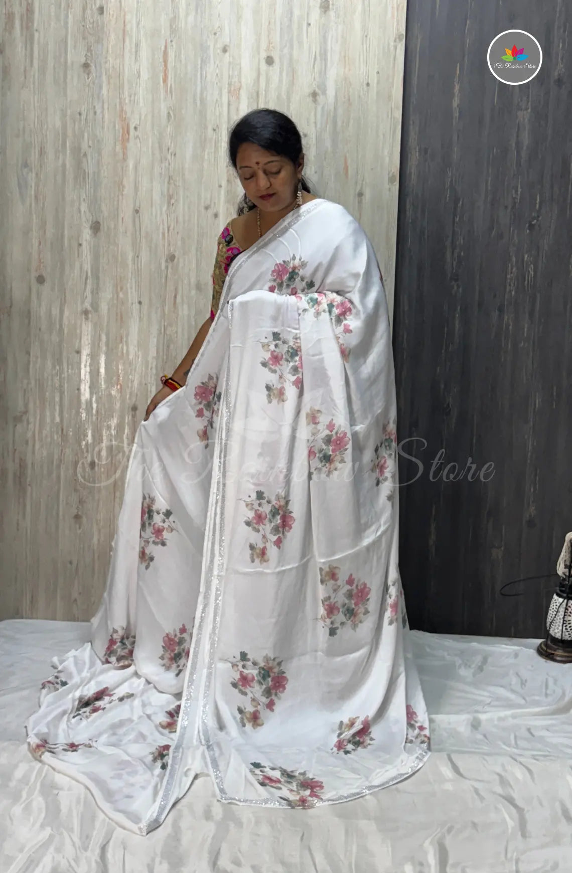 Imported Satin Saree with Floral Motif – White