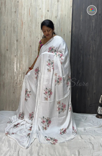 Imported Satin Saree with Floral Motif – White