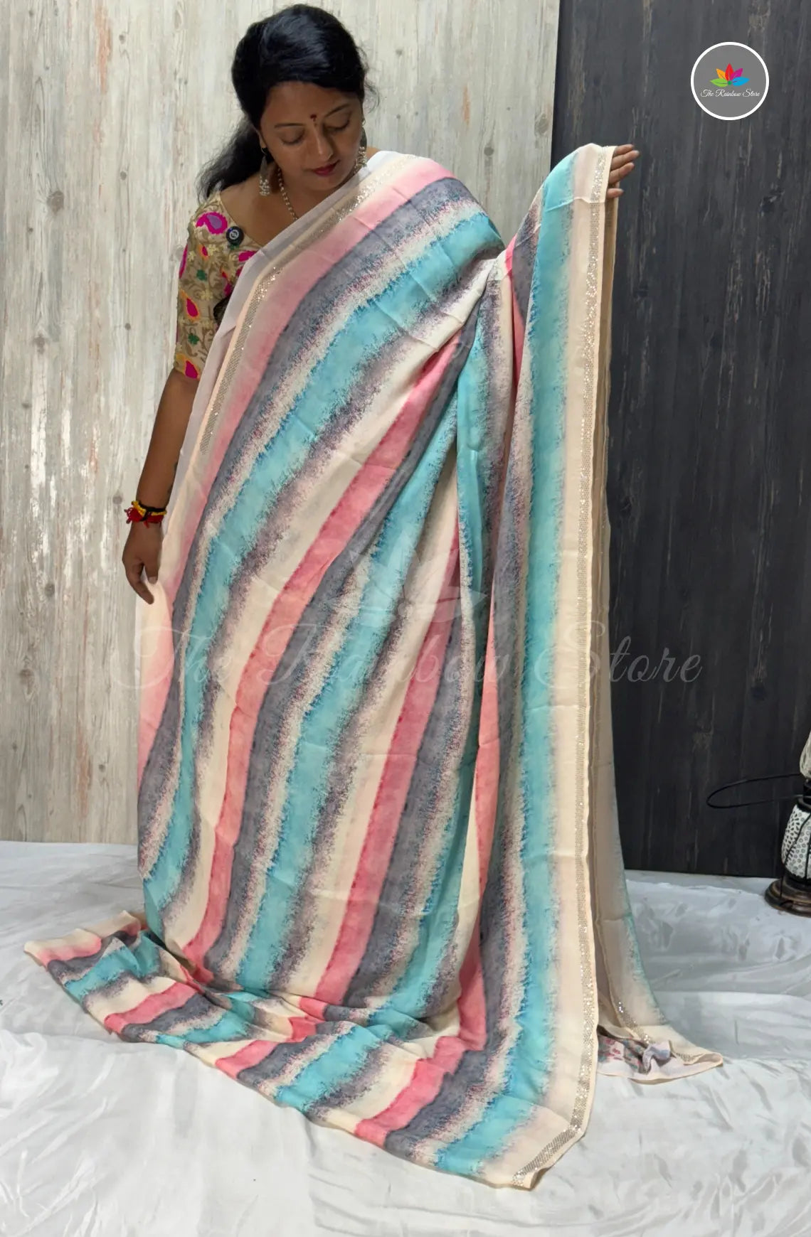 Imported Satin Striped Saree – Multi Colour