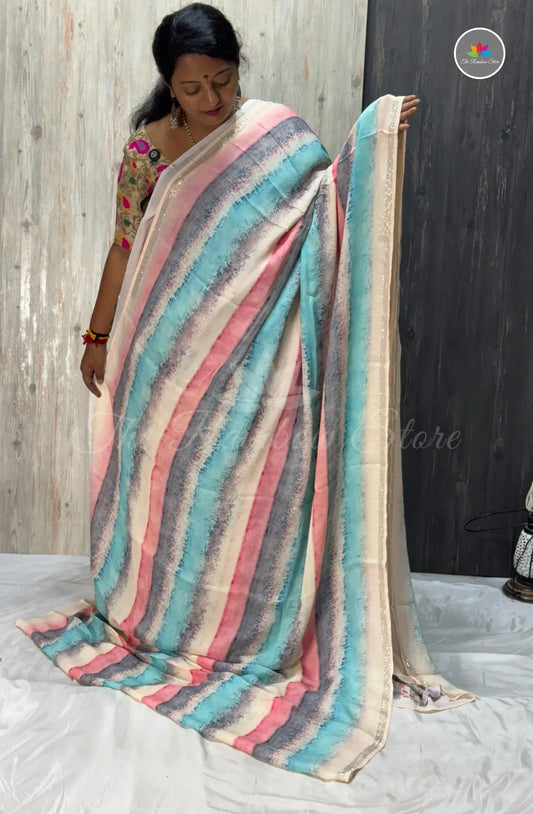 Imported Satin Striped Saree – Multi Colour