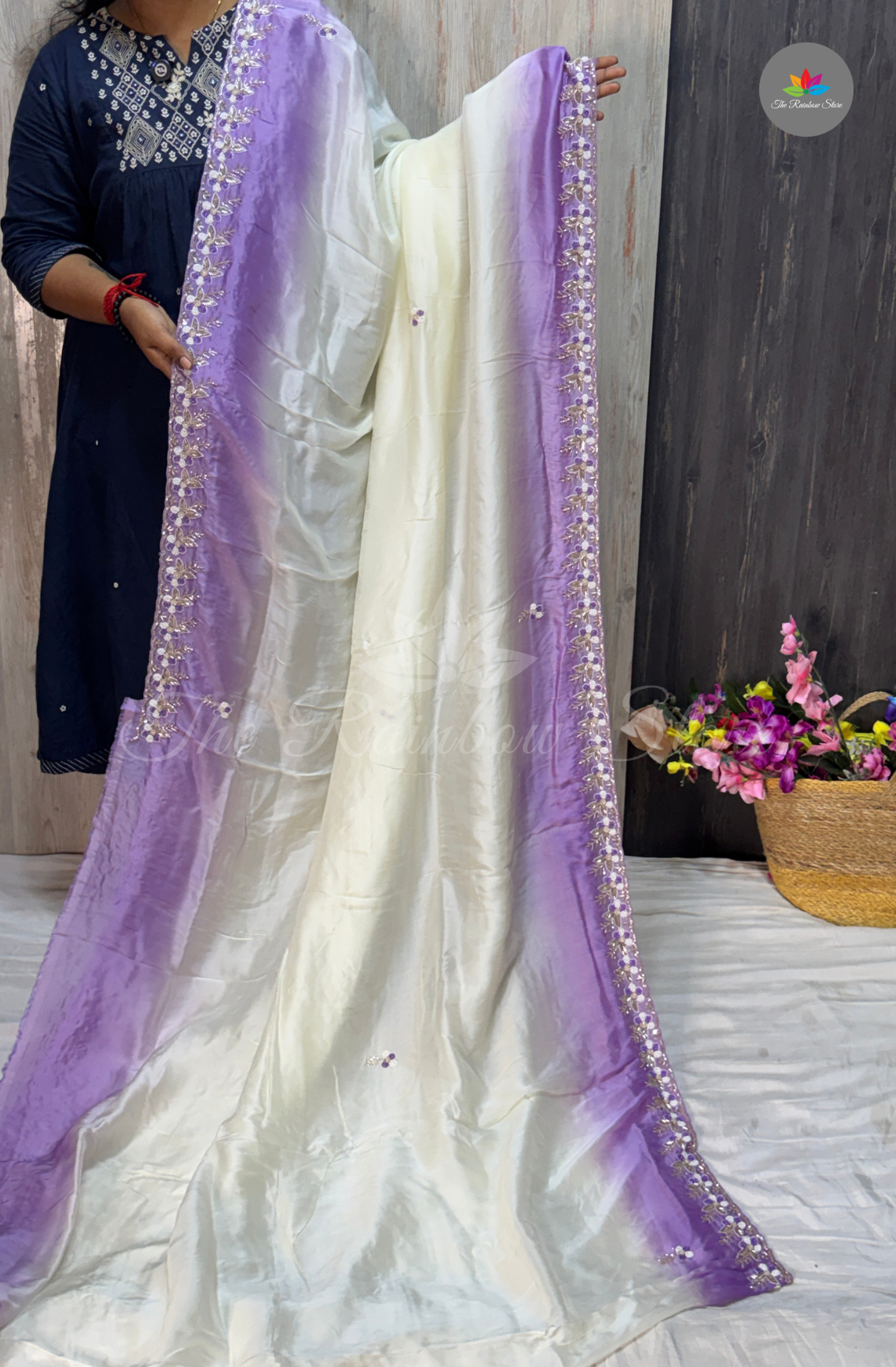 Pure Organza Crepe - Ivory White with Lavender