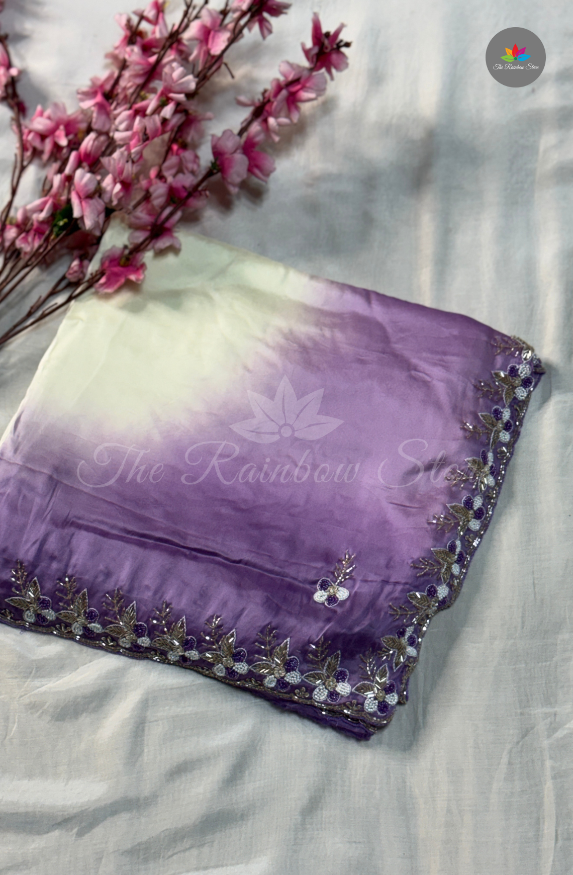 Pure Organza Crepe - Ivory White with Lavender