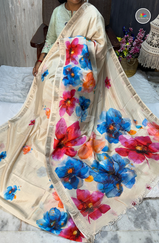 Mangalagiri Pattu Saree - Ivory Cream base with Multicolor