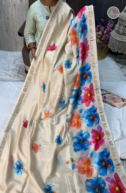 Mangalagiri Pattu Saree - Ivory Cream base with Multicolor