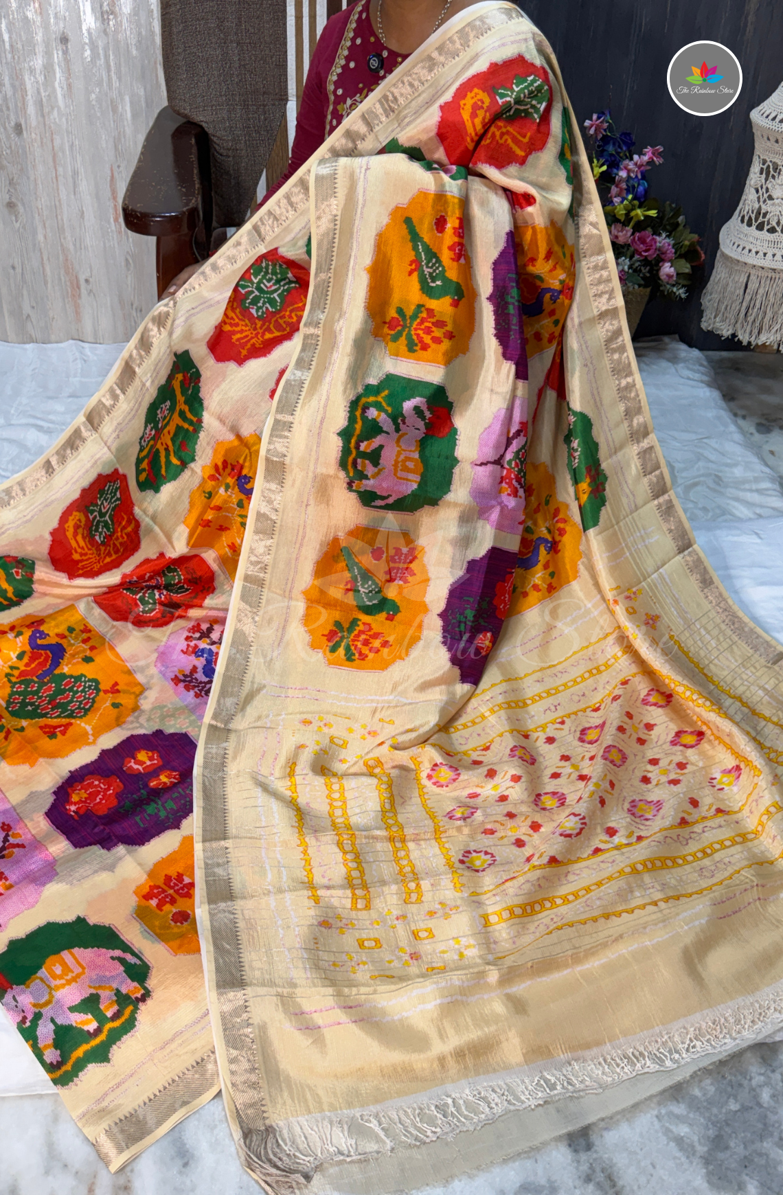 Mangalagiri Pattu Saree - Ivory Cream with Multicolor