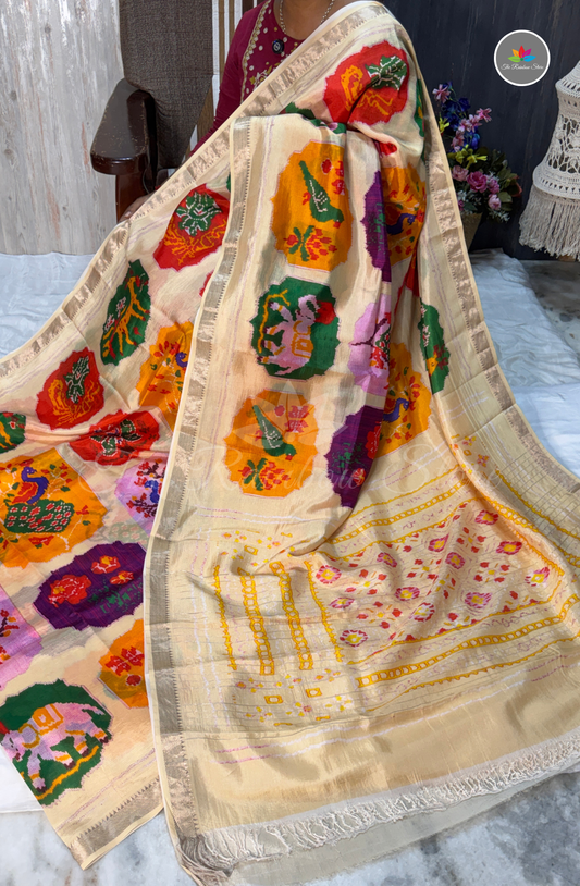 Mangalagiri Pattu Saree - Ivory Cream with Multicolor