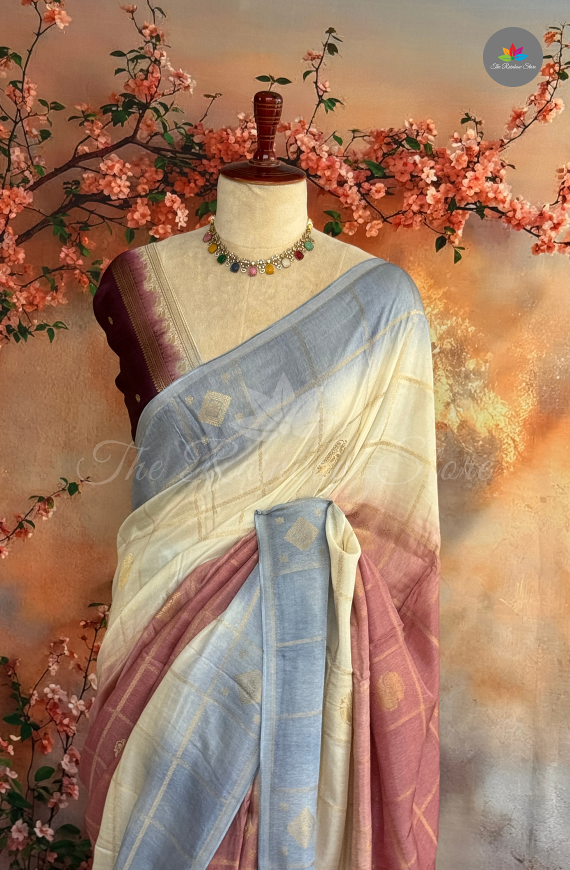 Mango Silk Saree - Ivory Cream with Pastel Blue