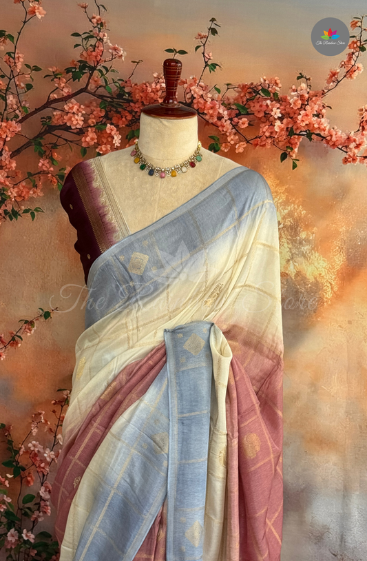 Mango Silk Saree - Ivory Cream with Pastel Blue
