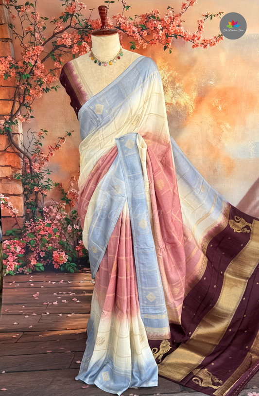 Mango Silk Saree - Ivory Cream with Pastel Blue