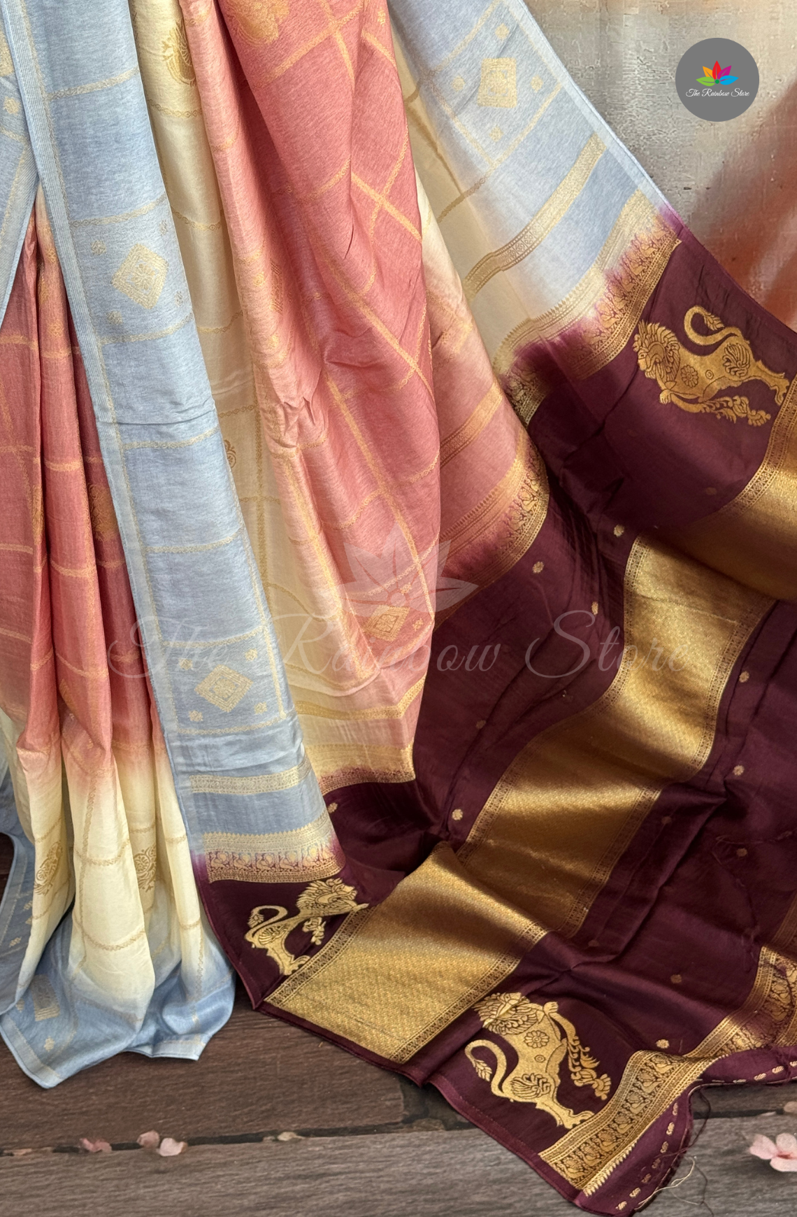 Mango Silk Saree - Ivory Cream with Pastel Blue