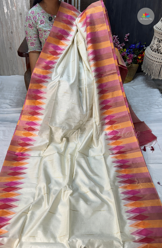 Ikkat Tusser Silk With Jamdani Weaves - Ivory White