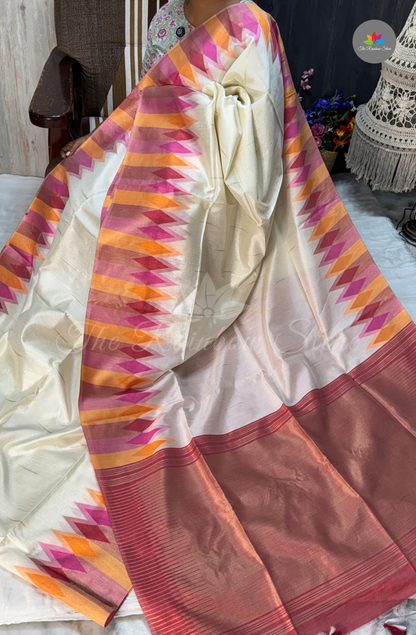 Ikkat Tusser Silk With Jamdani Weaves - Ivory White