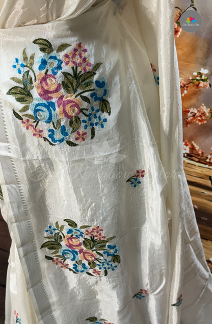 Mangalagiri With Embroidery Saree - Ivory White