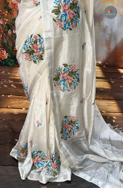 Mangalagiri With Embroidery Saree - Ivory White