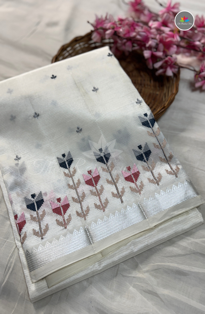 Designer Mangalagiri With Embroidery Saree - White with Silver Zari Border