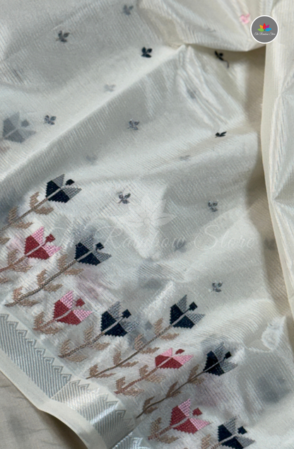 Designer Mangalagiri With Embroidery Saree - White with Silver Zari Border
