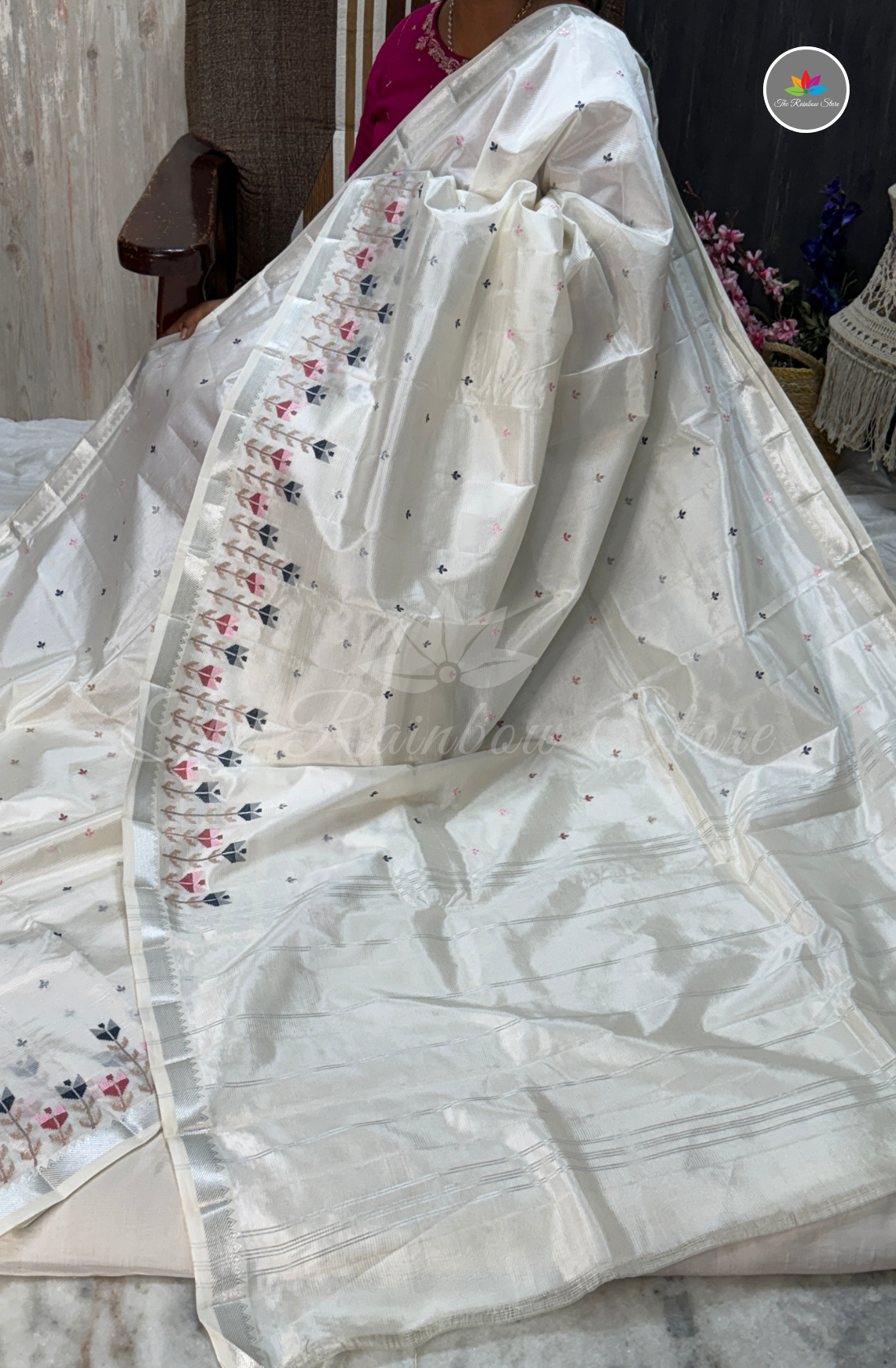 Designer Mangalagiri With Embroidery Saree - White with Silver Zari Border