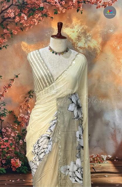Pure Chinon With Hand Embroidery - Ivory