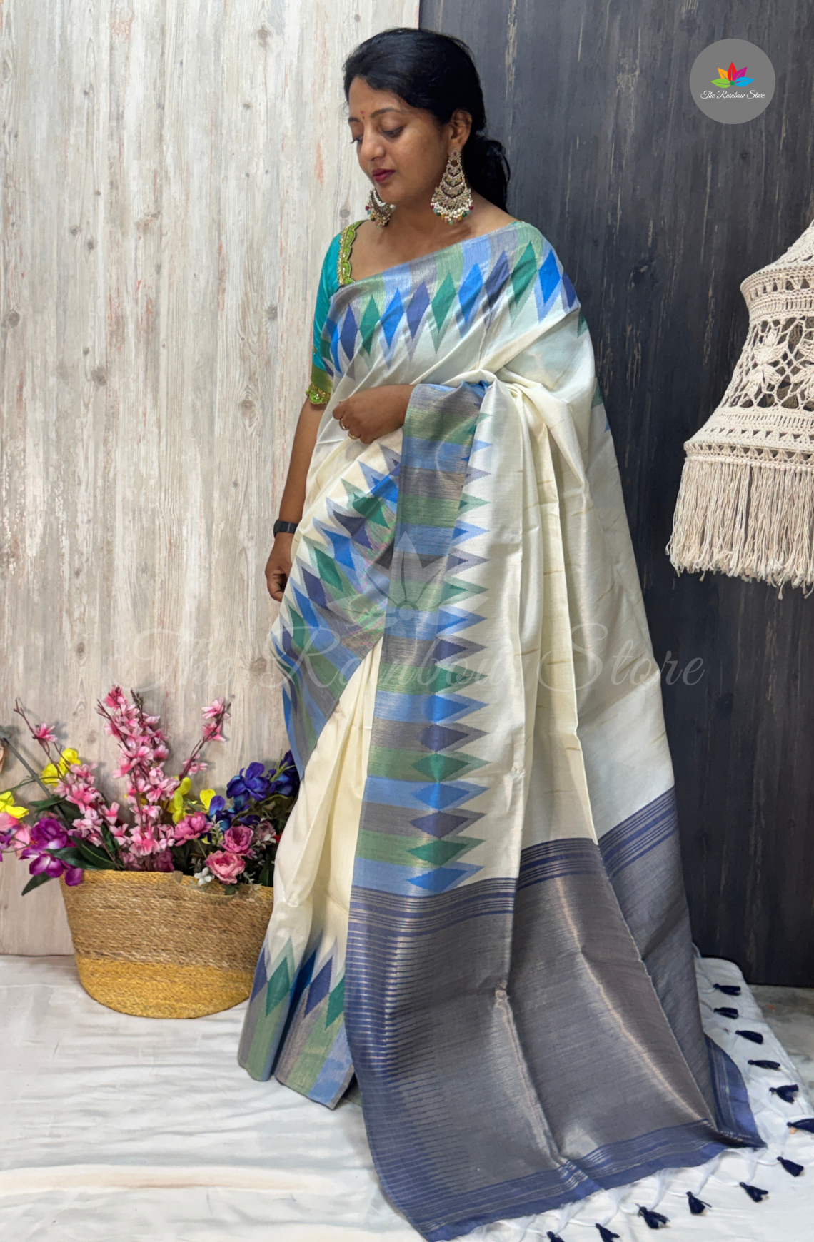 Ikkat Tusser Silk With Jamdani Weaves - Off-White with Pastel Blue