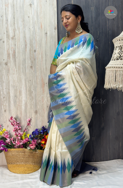 Ikkat Tusser Silk With Jamdani Weaves - Off-White with Pastel Blue