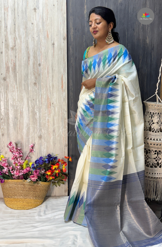 Ikkat Tusser Silk With Jamdani Weaves - Off-White with Pastel Blue