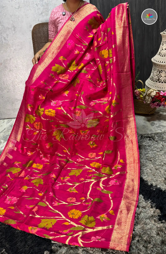 Elegant Jamdani Georgette Tussar Saree - Rani Pink