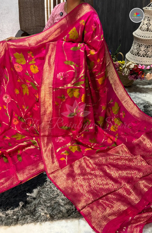 Elegant Jamdani Georgette Tussar Saree - Rani Pink