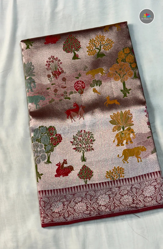 Elegant Jamdani Tissue Tussar Saree - Maroon