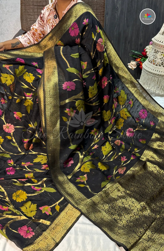Elegant Jamdani Georgette Tussar Saree - Black
