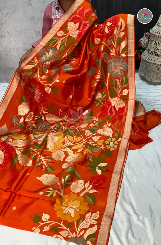Elegant Jamdani Tussar Saree - Rust Orange
