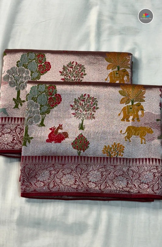 Elegant Jamdani Tissue Tussar Saree - Maroon