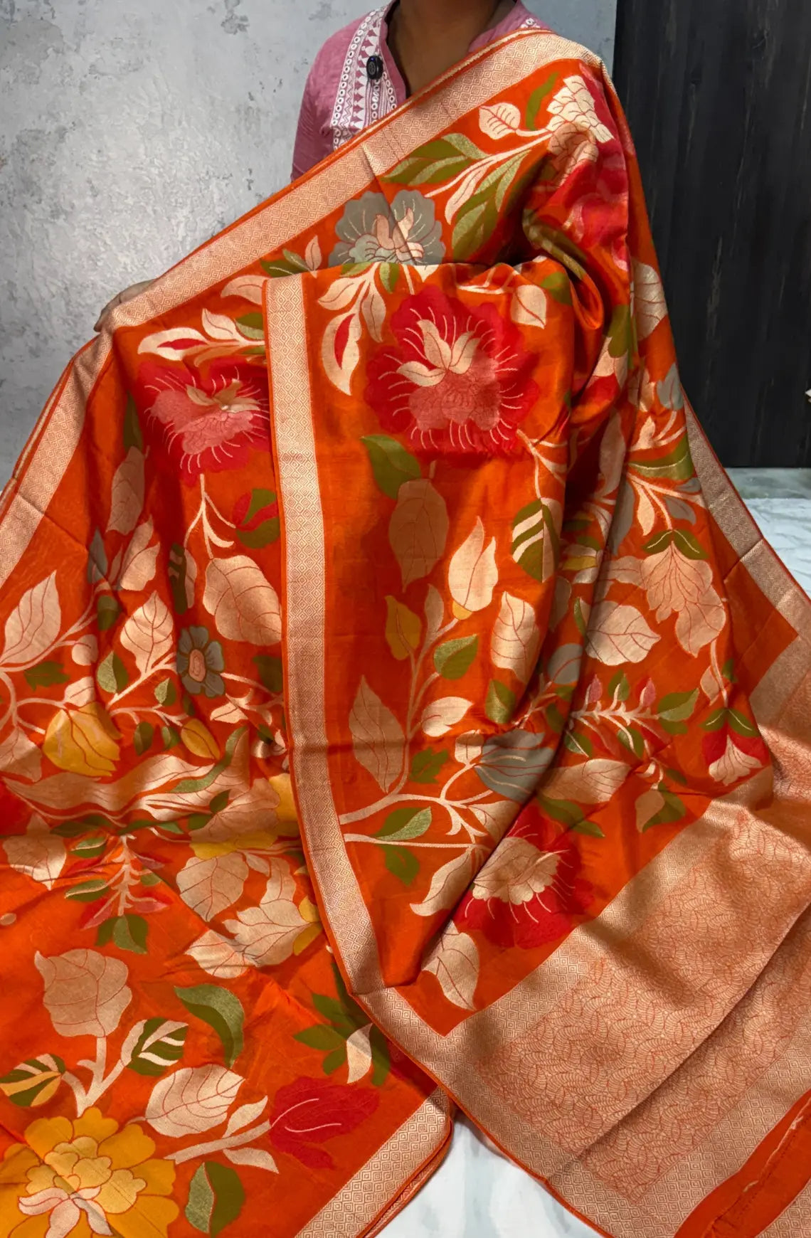 Elegant Jamdani Tussar Saree - Rust Orange