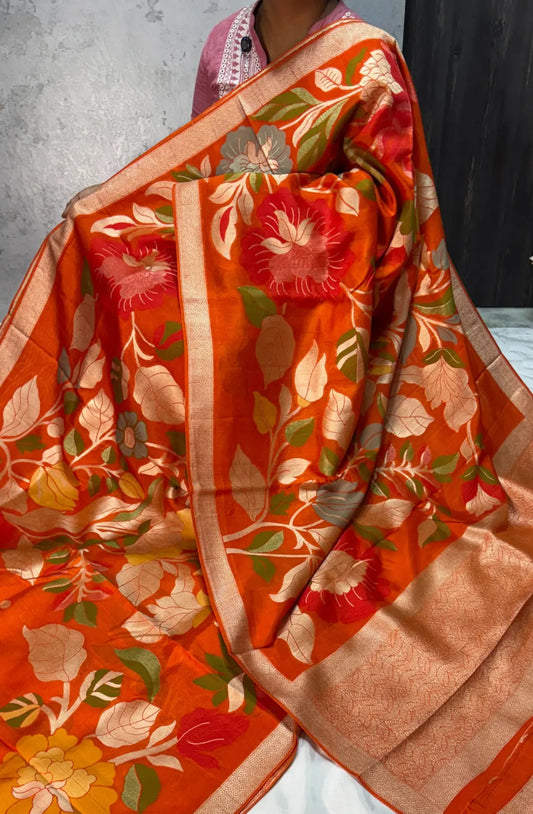Elegant Jamdani Tussar Saree - Rust Orange