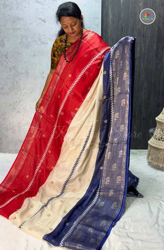 Premium Jute Soft Silk Saree - Red with Blue