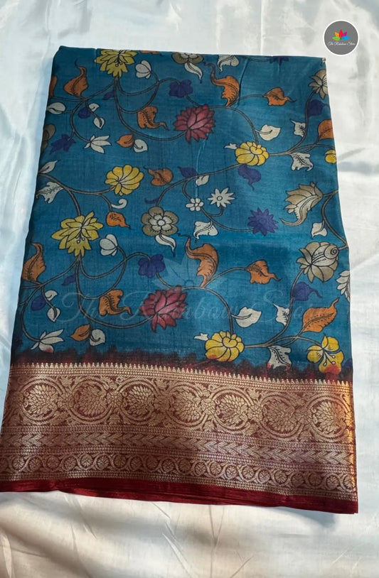 Kalamkari Print Saree with Super Light & Soft - Blue