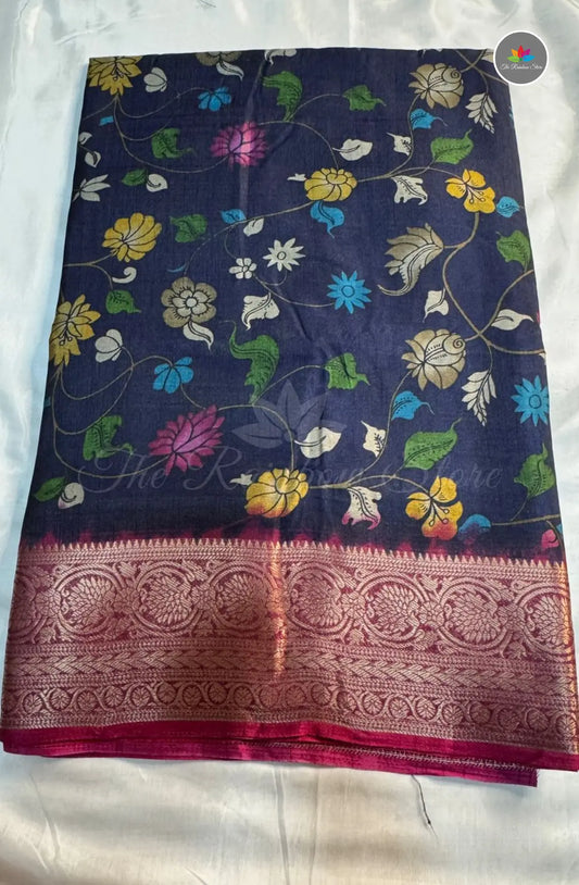 Kalamkari Print Saree with Super Light & Soft - Brinjal Blue
