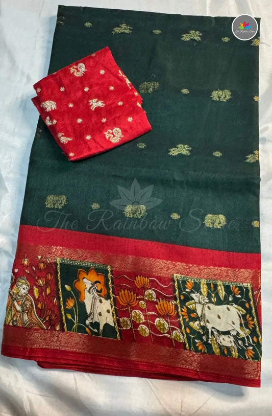 Kalamkari Weaving Saree with Softness - Green