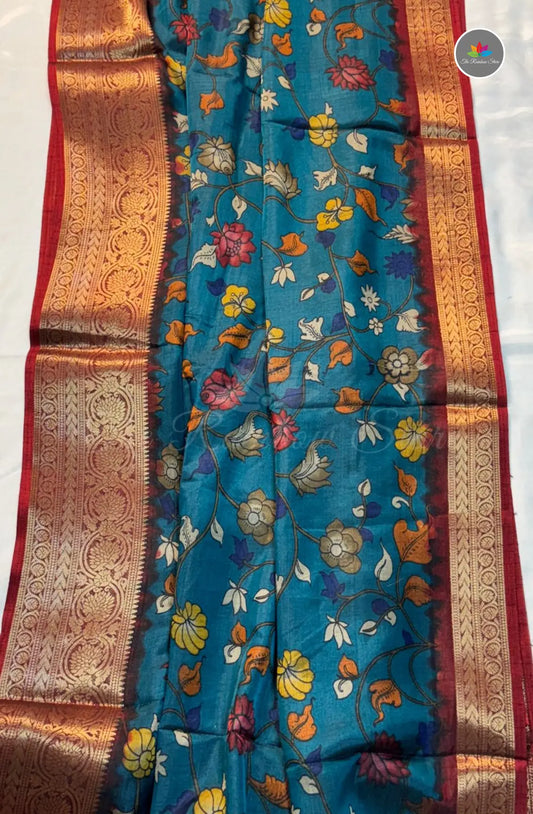 Kalamkari Print Saree with Super Light & Soft - Blue