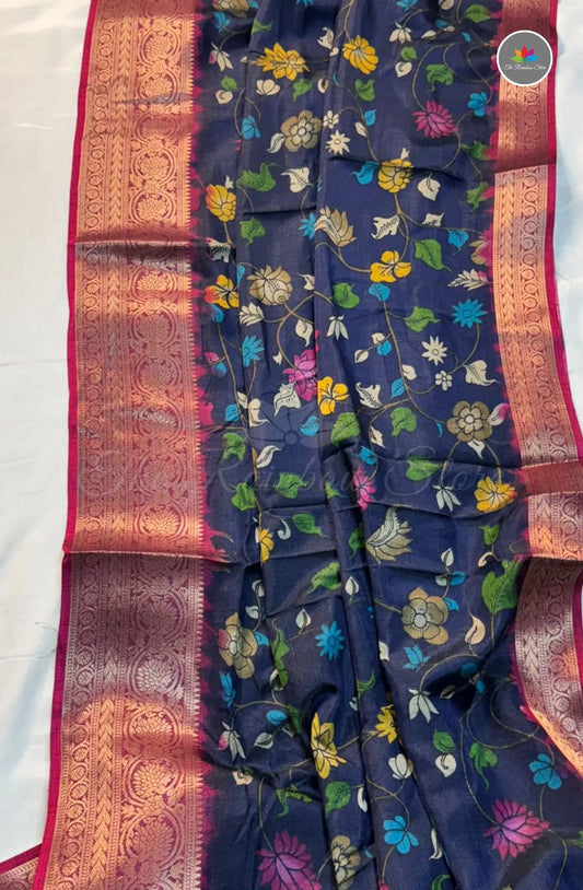Kalamkari Print Saree with Super Light & Soft - Brinjal Blue