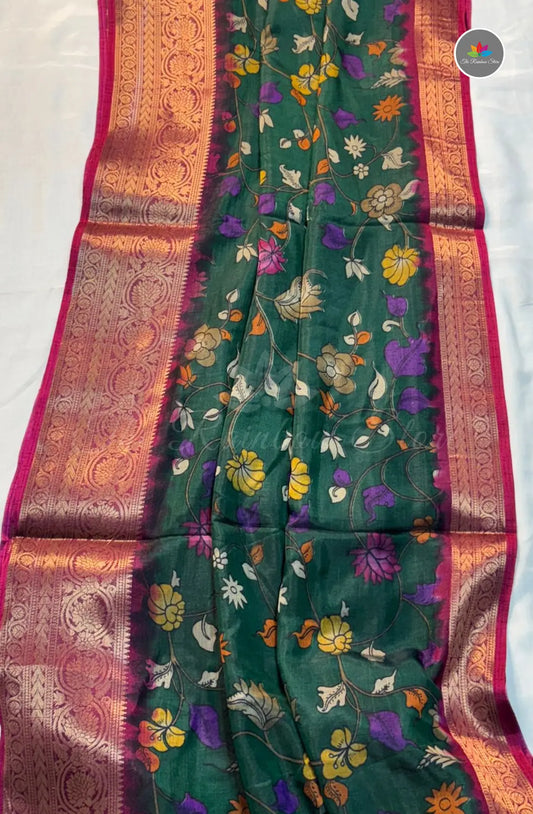 Kalamkari Print Saree with Super Light & Soft - Green