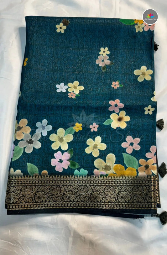 Kanchi Crepe Saree with Florals - Blue