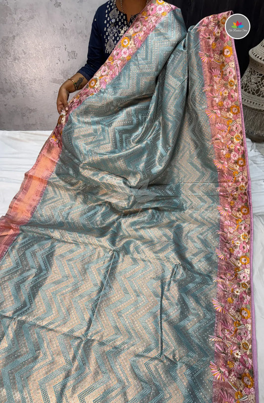 Kanchi Pattu With Petite Point Embroidery - Blue