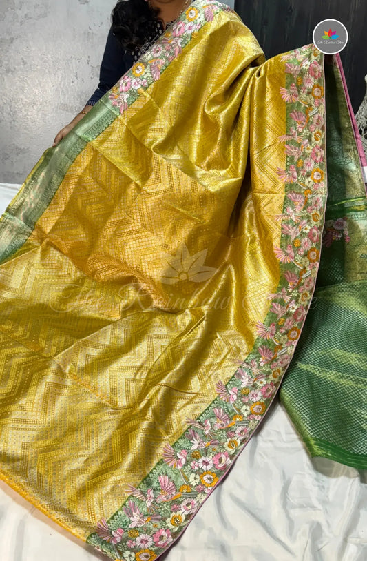 Kanchi Pattu With Petite Point Embroidery - Yellow