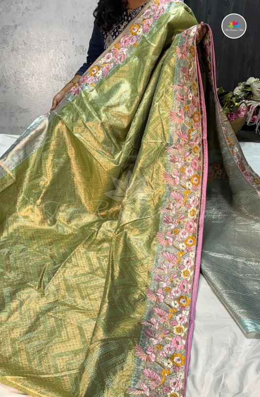 Kanchi Pattu With Petite Point Embroidery - Green